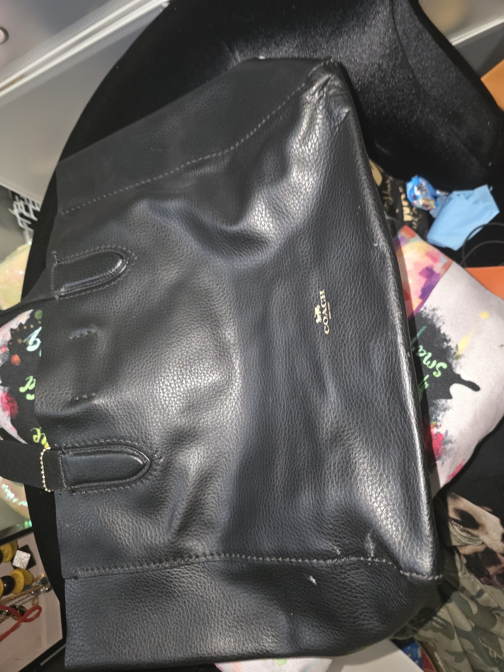 Coach Black Pebbled Leather Open-Top Tote with Gold Logo